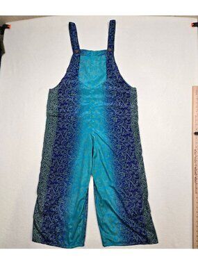 Earthbound Trading M Womens Overalls Blue Green Paisley Print Lightweight Boho